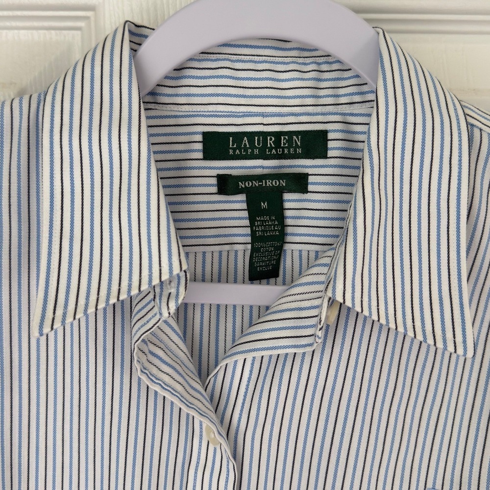 Lauren Ralph Lauren Non Iron Striped Cotton Button Down Shirt Blue White Medium - Picture 2 of 4